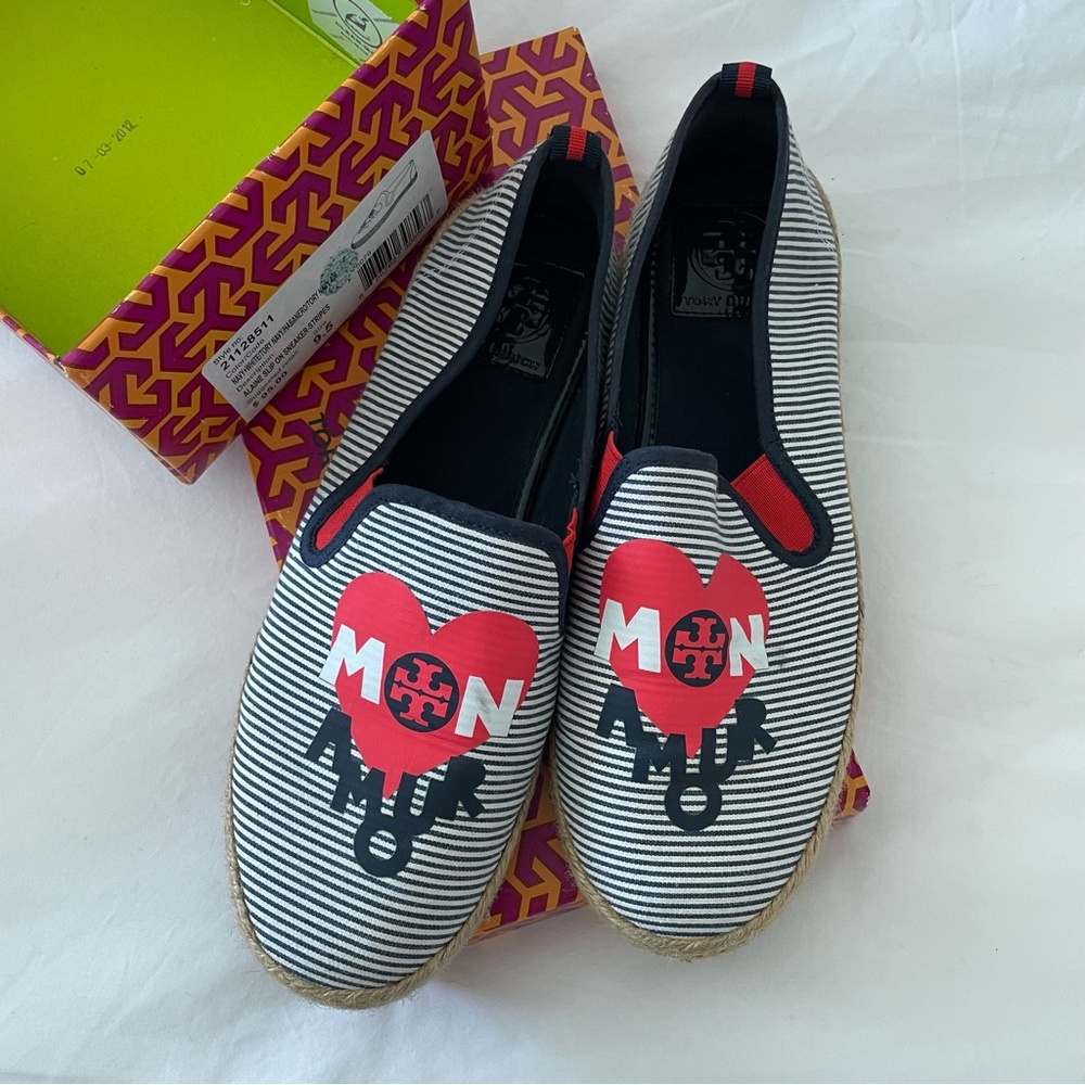 Tory Burch Alaine Slip-ons. Size 9.5. Blue and white stripes. Worn once.